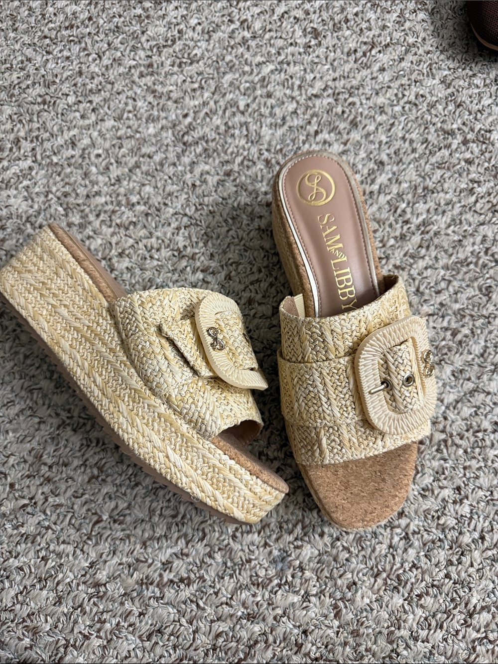 NEW- Sam & Libby Natural Raffia Buckle Platform Mules